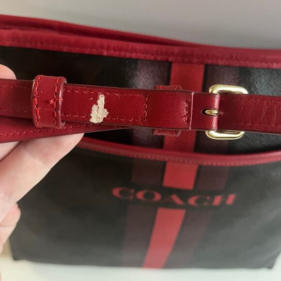 COACH Signature Leather Racing Stripe, Brown and Red, AUTHENTIC Crossbody - Picture 15 of 16